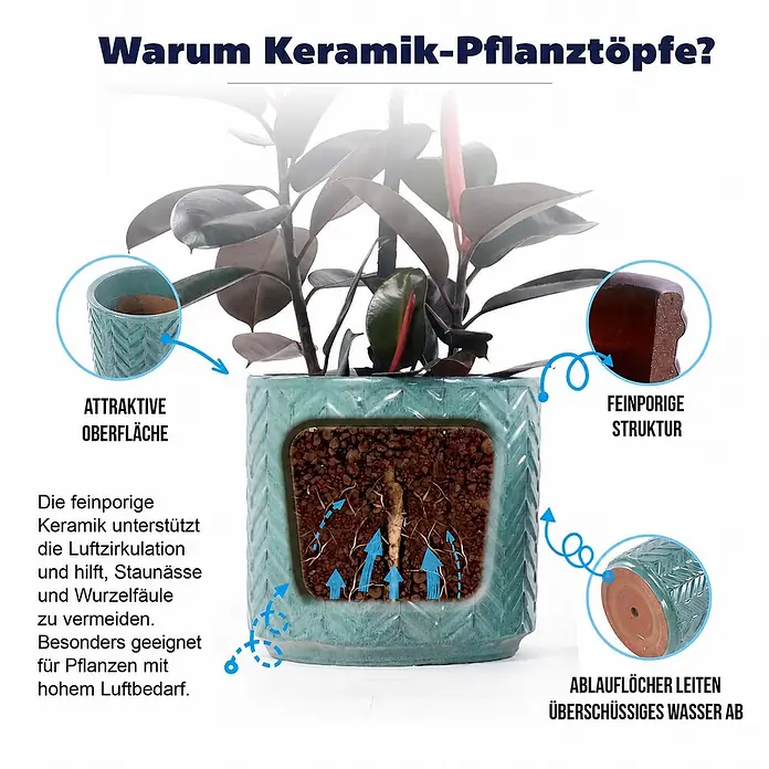 SONNENH Pflanztopf - 1 Stk., Keramik, Blau - Blauer Keramik-Pflanztopf mit Pflanze, der feine Poren, Ablauflöcher und eine attraktive Oberfläche zeigt, ideal für Luftzirkulation und gegen Staunässe.