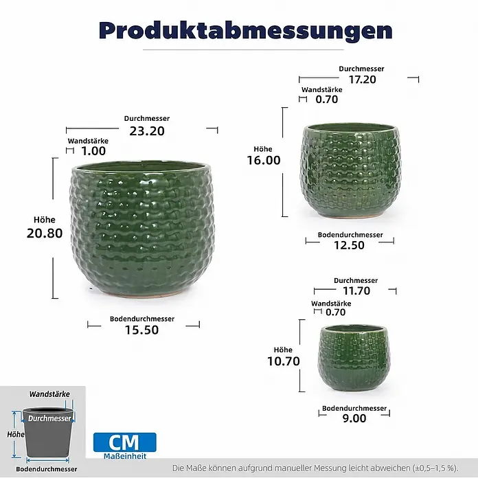 SONNENH Pflanztopf - 3 Stk., Keramik, Grün - Drei grüne Keramik-Übertöpfe in verschiedenen Größen, mit detaillierten Maßangaben für Höhe, Durchmesser, Bodendurchmesser und Wandstärke.