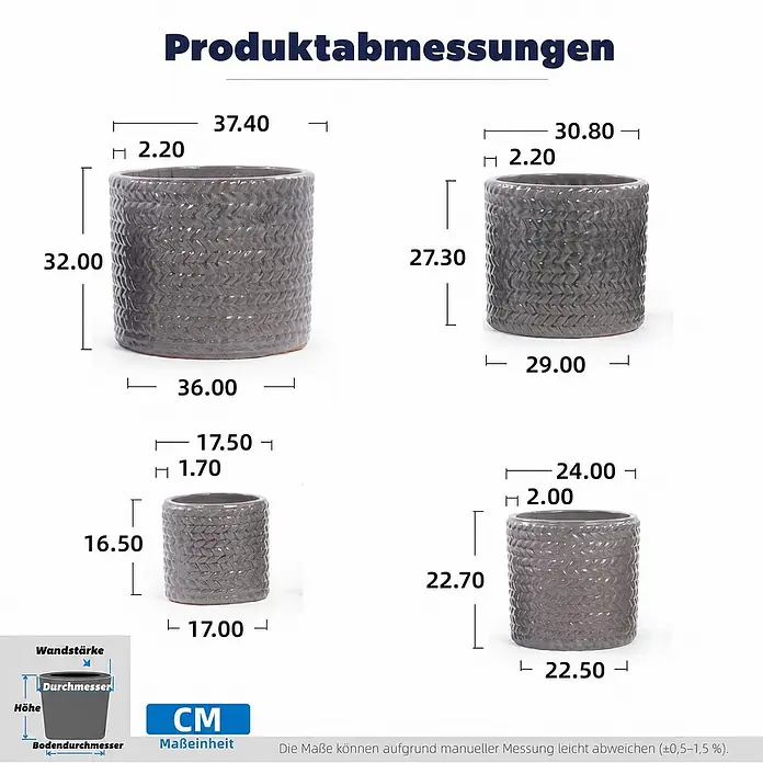 SONNENH Pflanztopf - 1 Stk., Keramik, Grau - Vier graue zylindrische Keramik-Übertöpfe mit Flechtmuster, zeigen Höhe, oberen und unteren Durchmesser.