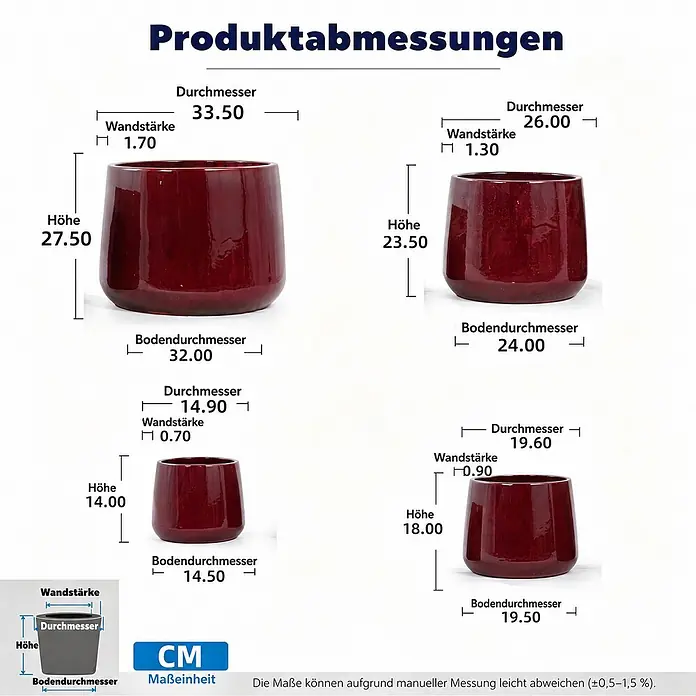 SONNENH Pflanztopf - 4 Stk., Keramik, Blau - Maße von vier roten Keramik-Pflanztöpfen, inklusive Höhe, Durchmesser, Wandstärke und Bodendurchmesser in Zentimetern.