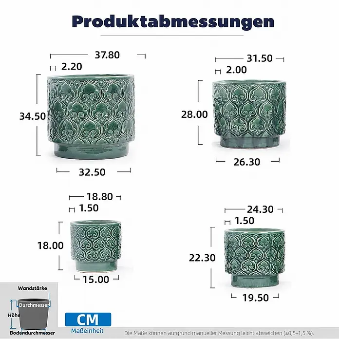SONNENH Pflanztopf - 1 Stk., Keramik, Grün - Vier grüne, gemusterte Keramik-Pflanztöpfe mit detaillierten Abmessungen in verschiedenen Größen.