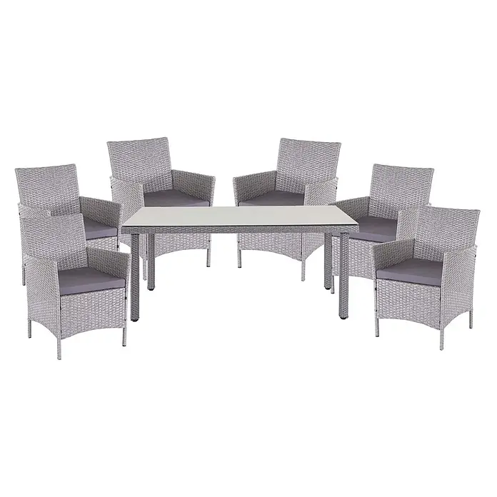 Mendler Gartenmöbel-Set - 7 -tlg., Polyrattan, Grau, Kissen anthrazit, Grau, Kissen anthrazit - Graues Rattan-Gartenset mit rechteckigem Tisch und sechs Stühlen mit grauen Auflagen.