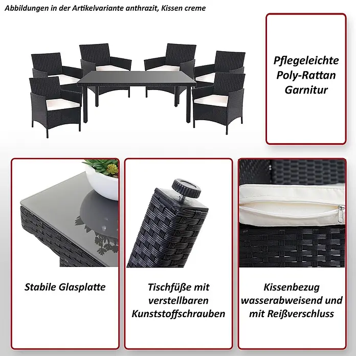 Mendler Gartenmöbel-Set - 7 -tlg., Polyrattan, Grau, Kissen anthrazit, Grau, Kissen anthrazit - Anthrazit Poly-Rattan Gartengarnitur mit Glastisch und cremefarbenen Kissen.