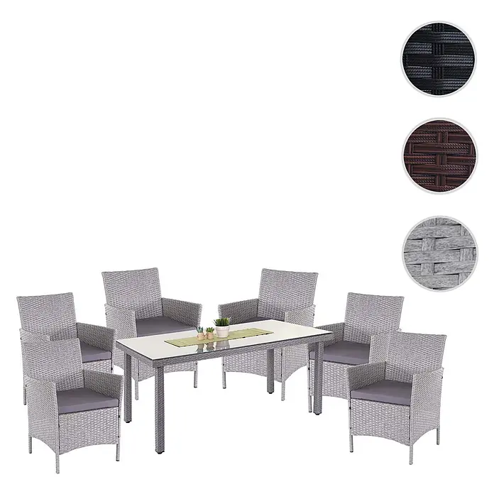 Mendler Gartenmöbel-Set - 7 -tlg., Polyrattan, Grau, Kissen anthrazit, Grau, Kissen anthrazit - Hellgraues Rattan-Outdoor-Essset: Tisch mit Glasplatte, 6 Stühle mit dunklen Kissen. Inkl. schwarzen, braunen und grauen Rattan-Farbmuster.