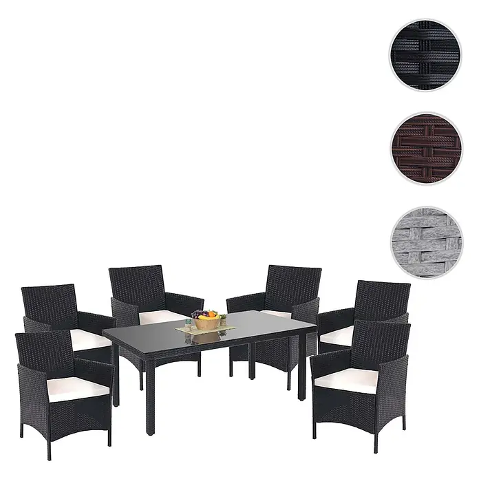 Poly-Rattan-Garnitur | Gartenmöbel Balkon-Set Sitzgarnitur | Braun | Kissen Creme -  - Schwarze Rattan-Gartengarnitur: rechteckiger Glastisch, sechs Stühle mit weißen Kissen.