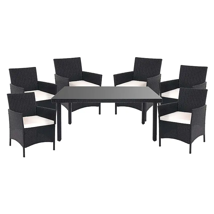 Mendler Poly-Rattan-Garnitur Halden - anthrazit, Kissen Creme -  - Schwarzes Rattan-Gartenset mit rechteckigem Tisch mit Glasplatte und sechs Stühlen mit weißen Kissen.