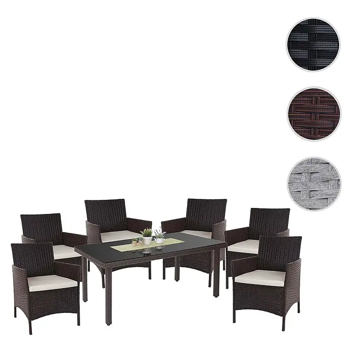 Mendler Poly-Rattan-Garnitur Halden - braun, Kissen Creme -  - Braunes Polyrattan 6-Sitzer Gartenmöbel-Set mit cremefarbenen Kissen und schwarzer Glasplatte.