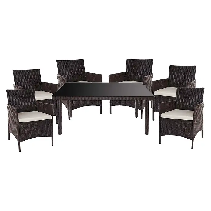 Mendler Poly-Rattan-Garnitur Halden - braun, Kissen Creme -  - Essgruppe aus dunkelbraunem Rattan mit rechteckigem Tisch, dunkler Glasplatte und sechs Stühlen mit hellen Kissen.