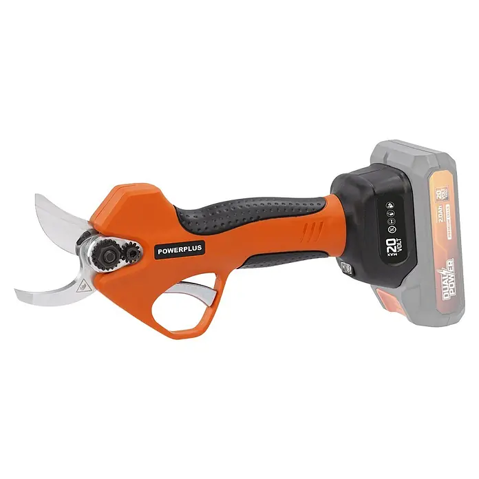 PowerPlus Tijeras para podar de batería + Motosierra - 20 V, 1 batería, 2 Ah, Grosor de rama máx.: 30 mm - Tijeras de podar eléctricas inalámbricas naranjas y negras con cuchillas plateadas y batería gris acoplada.