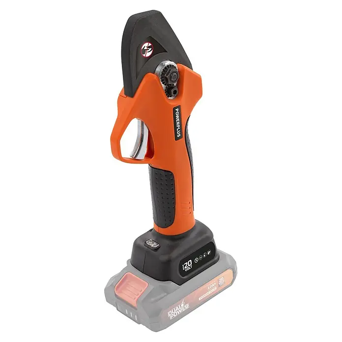 PowerPlus Tijeras para podar de batería + Motosierra - 20 V, 1 batería, 2 Ah, Grosor de rama máx.: 30 mm - Una tijera de podar eléctrica inalámbrica naranja y negra con mecanismo de engranajes visible y batería de 20V extraíble.