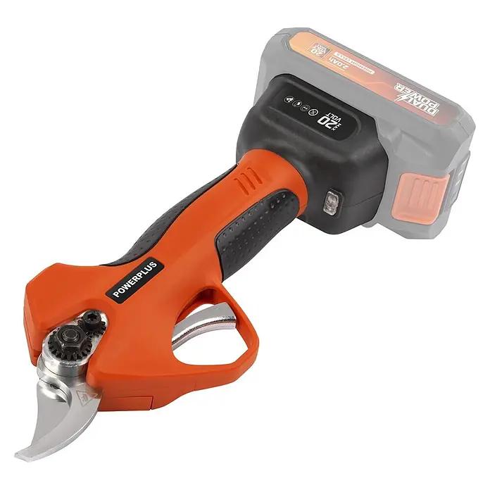 PowerPlus Tijeras para podar de batería + Motosierra - 20 V, 1 batería, 2 Ah, Grosor de rama máx.: 30 mm - Tijeras de podar eléctricas inalámbricas naranjas y negras con batería gris, cuchillas metálicas y mango ergonómico.
