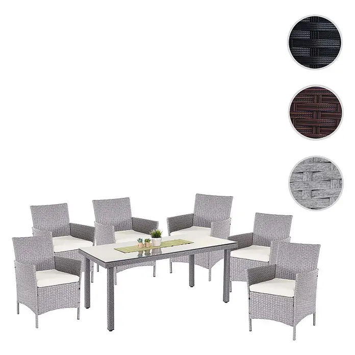 Mendler Gartenmöbel-Set - 7 -tlg., Polyrattan, Grau, Kissen creme, Grau, Kissen creme - Graue Rattan-Gartengarnitur mit rechteckigem Tisch, sechs Stühlen und weißen Kissen. Inklusive Muster für schwarze, braune und graue Rattan-Oberflächen.