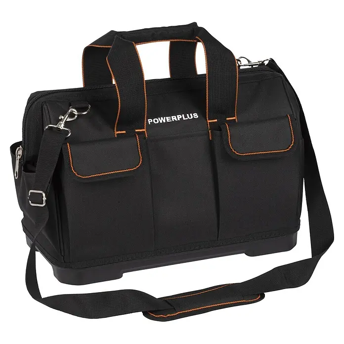 PowerPlus Tijeras para podar de batería + Motosierra - 20 V, 1 batería, 2 Ah, Grosor de rama máx.: 30 mm - Bolsa de herramientas negra POWERPLUS de textil resistente con detalles naranjas, asas, correa de hombro ajustable y múltiples bolsillos de almacenamiento.