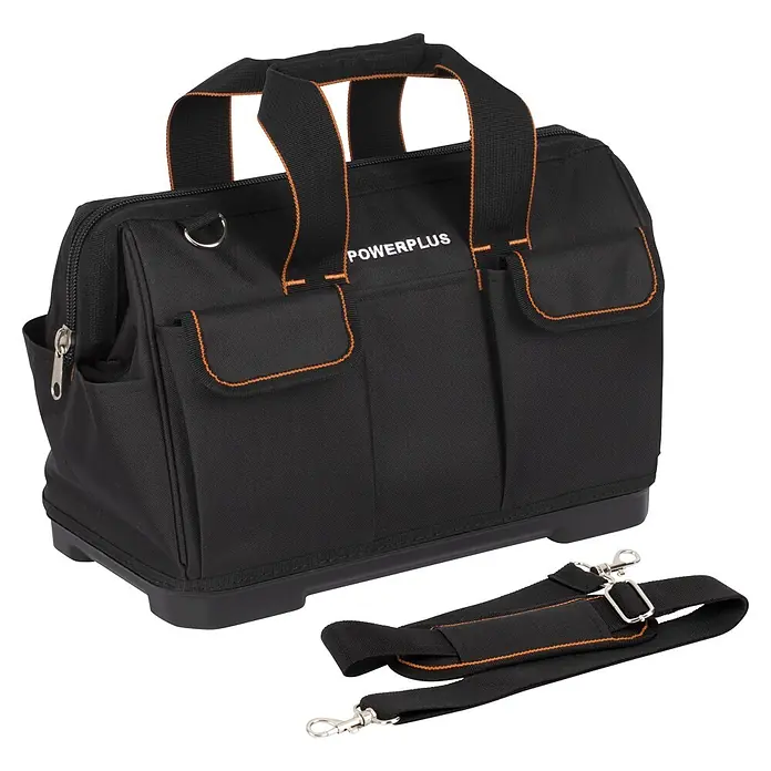 PowerPlus Tijeras para podar de batería + Motosierra - 20 V, 1 batería, 2 Ah, Grosor de rama máx.: 30 mm - Bolsa de herramientas negra Powerplus con ribete naranja y correa de hombro desmontable.