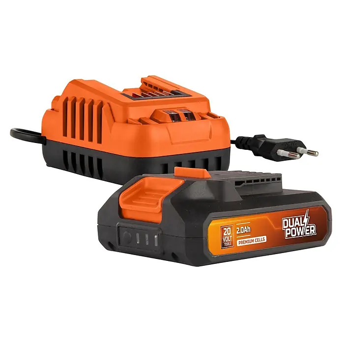 PowerPlus Tijeras para podar de batería + Motosierra - 20 V, 1 batería, 2 Ah, Grosor de rama máx.: 30 mm - Cargador de batería naranja y negro para herramientas eléctricas con cable y batería 20V 2.0Ah.