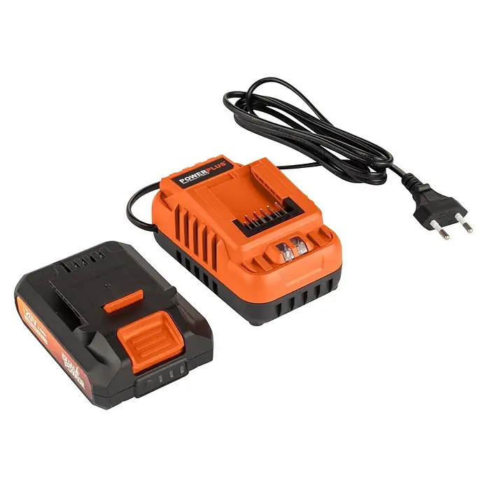 PowerPlus Tijeras para podar de batería + Motosierra - 20 V, 1 batería, 2 Ah, Grosor de rama máx.: 30 mm - Cargador de batería PowerPlus naranja y negro con cable de alimentación y batería Dual Power 20V 2.0Ah negra.