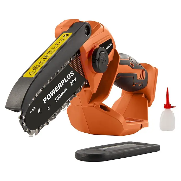 PowerPlus Tijeras para podar de batería + Motosierra - 20 V, 1 batería, 2 Ah, Grosor de rama máx.: 30 mm - Mini motosierra inalámbrica naranja y negra (20V, 100mm) con botella de aceite blanca y cubierta de cadena negra.