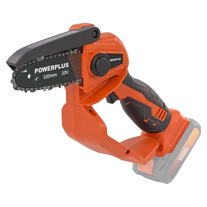 PowerPlus Tijeras para podar de batería + Motosierra - 20 V, 1 batería, 2 Ah, Grosor de rama máx.: 30 mm - Mini motosierra inalámbrica naranja y negra con hoja de 4" (100mm) 20V, con marca "POWERPLUS" y batería "DUAL POWER".