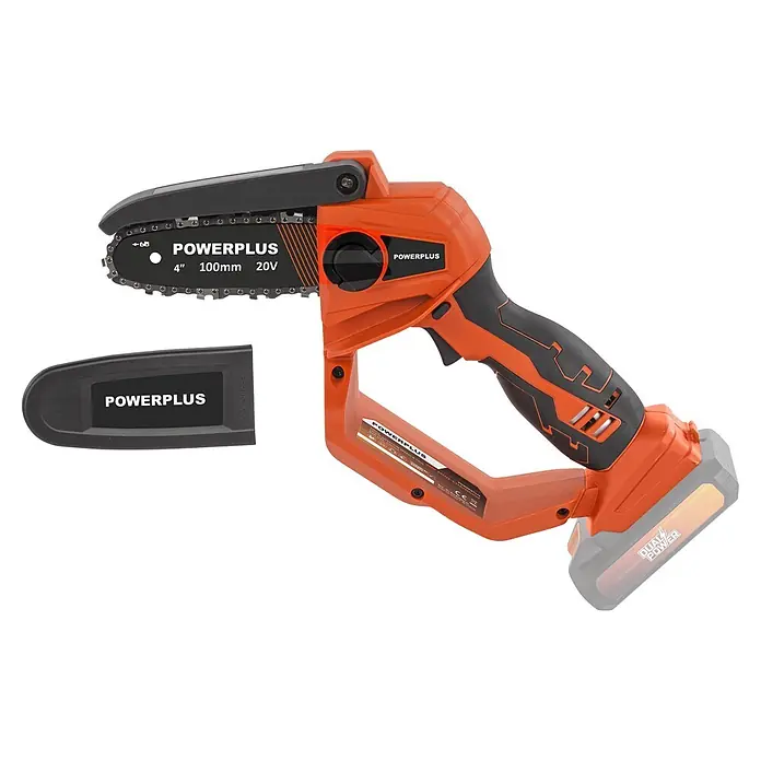 PowerPlus Tijeras para podar de batería + Motosierra - 20 V, 1 batería, 2 Ah, Grosor de rama máx.: 30 mm - Mini motosierra inalámbrica naranja y negra con barra de 4 pulgadas y cubierta protectora de cadena.
