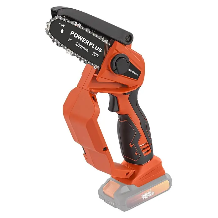 PowerPlus Tijeras para podar de batería + Motosierra - 20 V, 1 batería, 2 Ah, Grosor de rama máx.: 30 mm - Minisierra de cadena inalámbrica Powerplus 4 pulgadas 20V naranja y negra, con cadena visible y base de batería Dual Power.