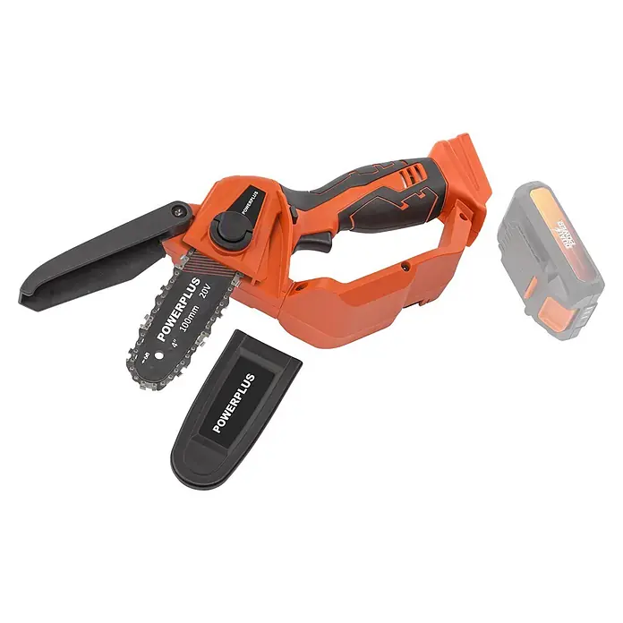 PowerPlus Tijeras para podar de batería + Motosierra - 20 V, 1 batería, 2 Ah, Grosor de rama máx.: 30 mm - Mini motosierra Powerplus naranja y negra con cadena de 4 pulgadas, batería separada y protector de barra para cortar.