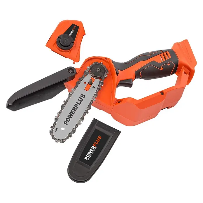 PowerPlus Tijeras para podar de batería + Motosierra - 20 V, 1 batería, 2 Ah, Grosor de rama máx.: 30 mm - Mini motosierra POWERPLUS naranja y negra con cadena plateada, protector de cadena naranja suelto y cubierta de barra negra.