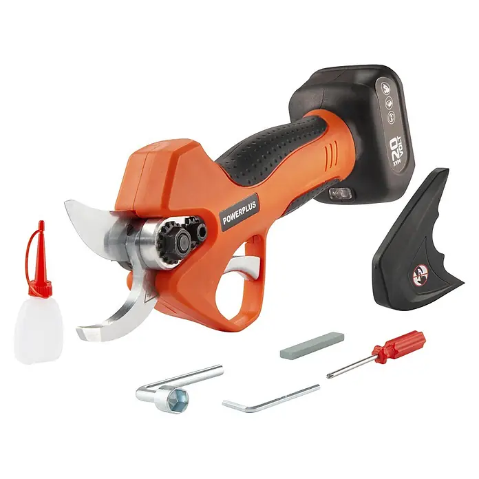 PowerPlus Tijeras para podar de batería + Motosierra - 20 V, 1 batería, 2 Ah, Grosor de rama máx.: 30 mm - Tijeras de podar eléctricas naranjas y negras con batería y accesorios de mantenimiento: aceite, llave y piedra de afilar.
