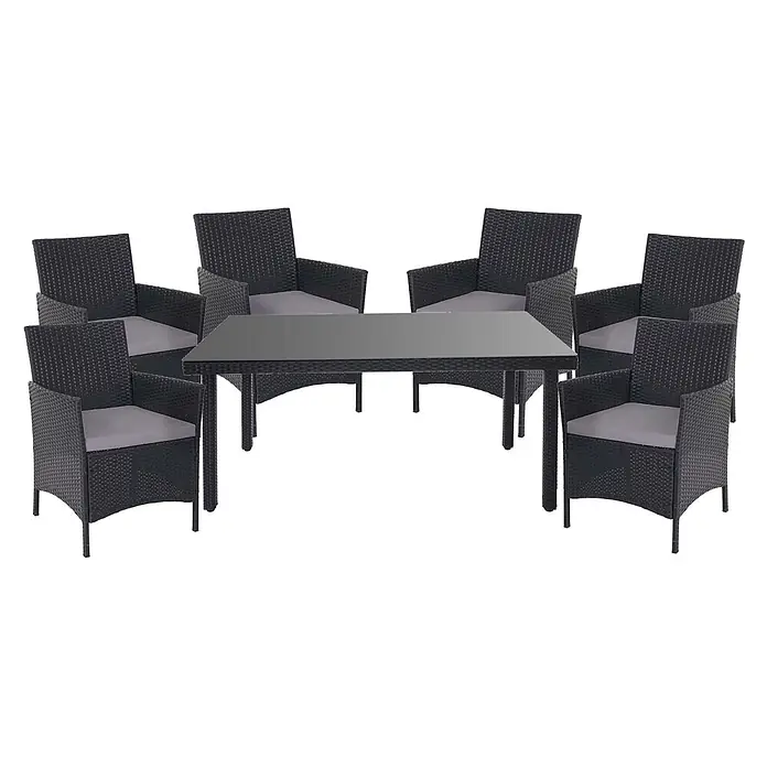 Mendler Poly-Rattan-Garnitur Halden - anthrazit, Kissen anthrazit -  - Dunkelgraues Rattan-Essgarnitur mit Glastisch und sechs Stühlen mit hellgrauen Kissen.