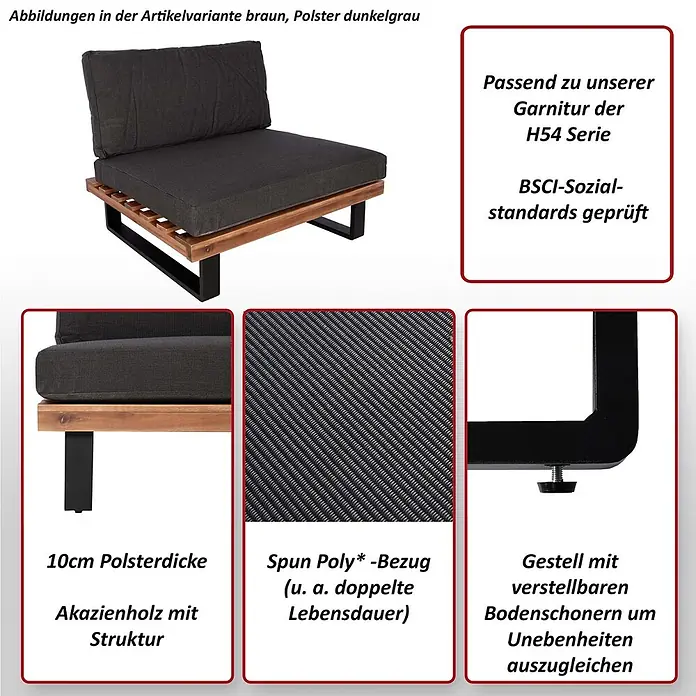 Mendler Garten-Loungesessel HWC-H54 - 1 Stk., Holz, Braun, Polster dunkelgrau, B x T x H: 82 x 82 x 75 cm - Dunkelgrauer Akazienholz Lounge-Sessel mit 10cm dicken Polstern und verstellbaren Bodenschonern.