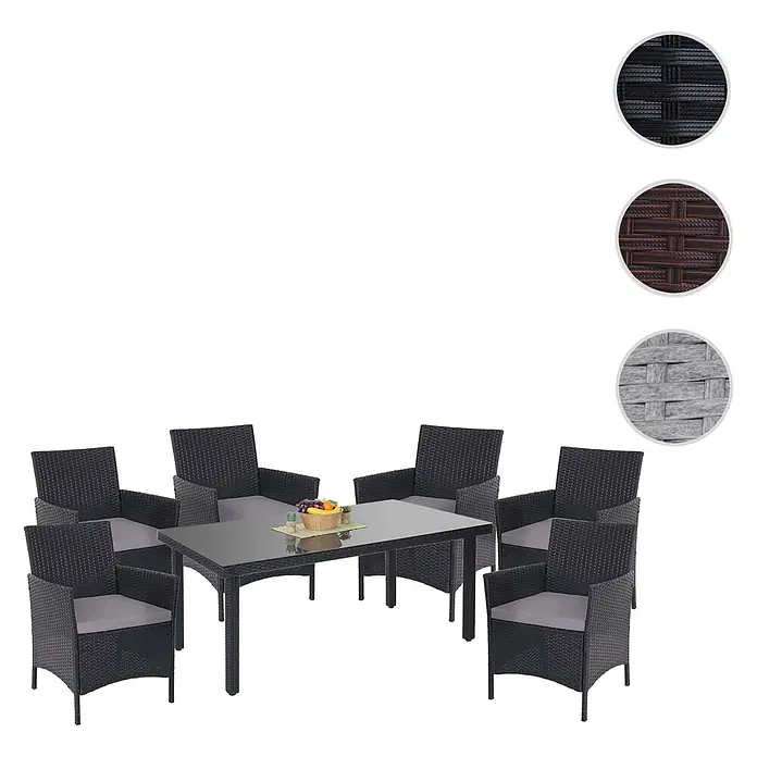 Mendler Poly-Rattan-Garnitur Halden - anthrazit, Kissen anthrazit -  - Dunkles Rattan-Gartenset mit Glastisch und sechs Stühlen mit grauen Kissen, ideal für Terrasse oder Garten.