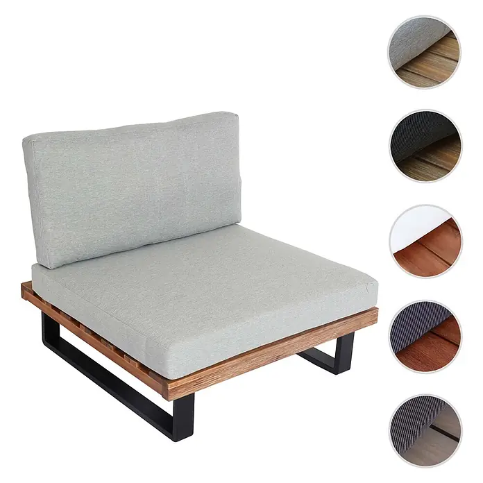 Mendler Garten-Loungesessel HWC-H54 - 1 Stk., Holz, Hellbraun, Polster hellgrau, B x T x H: 82 x 82 x 75 cm - Grauer Outdoor-Loungesessel mit Holzbasis und schwarzen Metallbeinen. Mit bequemen Kissen.