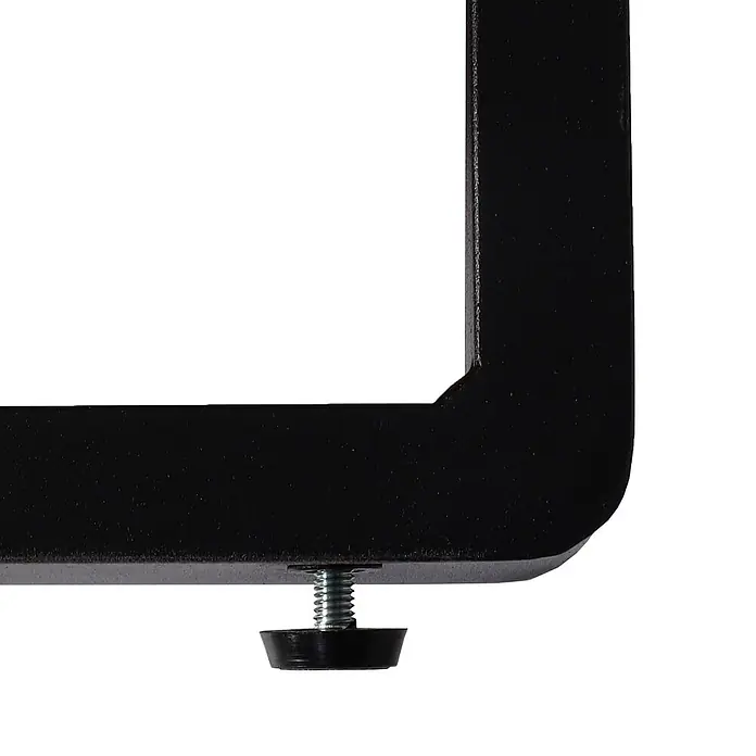 Mendler Garten-Loungesessel HWC-H54 - 1 Stk., Holz, Braun, Polster dunkelgrau, B x T x H: 82 x 82 x 75 cm - Schwarze Metallecke mit verstellbarem Nivellierfuß, bestehend aus einer silbernen Schraube und einer schwarzen Gummibasis.