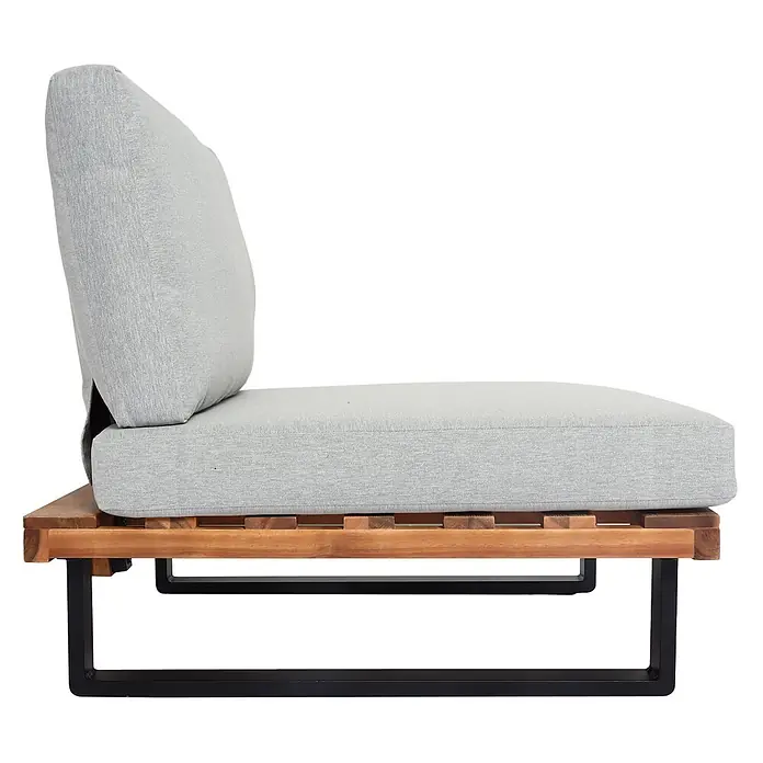 Mendler Garten-Loungesessel HWC-H54 - 1 Stk., Holz, Hellbraun, Polster hellgrau, B x T x H: 82 x 82 x 75 cm - Heller grauer Polster-Loungesessel mit Holzlattenbasis und schwarzem Metallgestell.