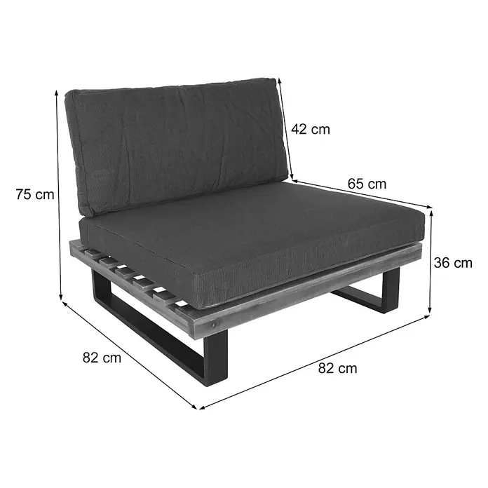 Mendler Garten-Loungesessel HWC-H54 - 1 Stk., Holz, Braun, Polster dunkelgrau, B x T x H: 82 x 82 x 75 cm - Grauer Outdoor-Loungesessel mit Holzbasis, Metallgestell und bequemen grauen Kissen.