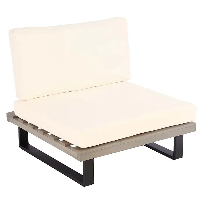 Mendler Garten-Loungesessel HWC-H54 - 1 Stk., Holz, Grau, Polster cremeweiß, B x T x H: 82 x 82 x 75 cm - Hellweiß gepolsterter Loungesessel mit grauem Holzlattenrost und schwarzen Metallbeinen.