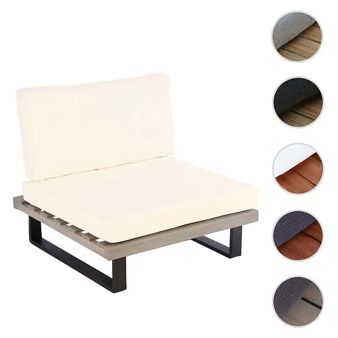 Mendler Garten-Loungesessel HWC-H54 - 1 Stk., Holz, Grau, Polster cremeweiß, B x T x H: 82 x 82 x 75 cm - Outdoor-Modulsofa mit cremefarbenen Kissen und einem grau lasierten Holzlattenuntergestell auf schwarzen Metallbeinen.