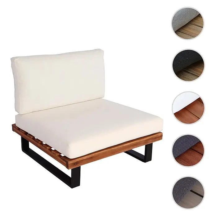 Mendler Lounge-Sessel HWC-H54 Akazie - braun, Polster cremeweiß -  - Modulärer Outdoor-Sessel mit Akazienholzrahmen, schwarzem Metallgestell und cremefarbenen Stoffkissen.
