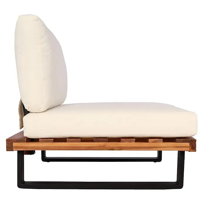 Mendler Lounge-Sessel HWC-H54 Akazie - braun, Polster cremeweiß -  - Seitenansicht eines modularen Outdoor-Loungesessels mit cremefarbenen Kissen, Lattenrost aus Holz und schwarzen Metallbeinen.