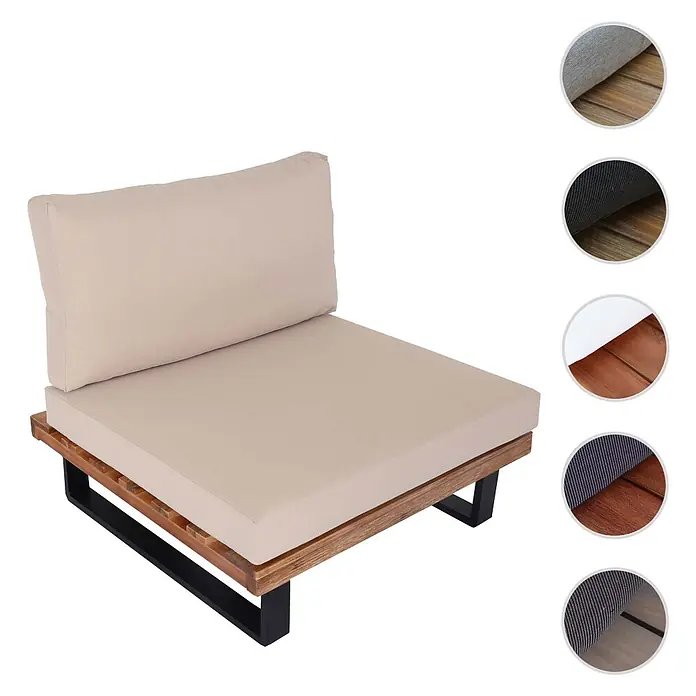 Mendler Garten-Loungesessel HWC-H54 - 1 Stk., Holz, Hellbraun, Polster beige, B x T x H: 82 x 82 x 75 cm - Outdoor-Loungesessel mit hellbeigen Kissen auf Holzrahmen und schwarzen Metallbeinen.