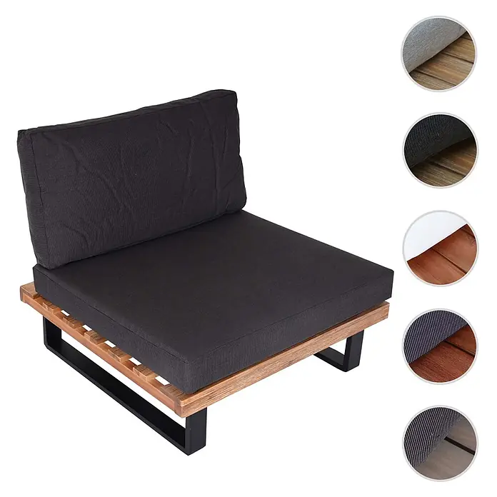 Mendler Garten-Loungesessel HWC-H54 - 1 Stk., Holz, Hellbraun, Polster dunkelgrau, B x T x H: 82 x 82 x 75 cm - Dunkelgrauer Polster-Outdoor-Sessel mit natürlichem Holzlattenrost und schwarzen Metallbeinen.