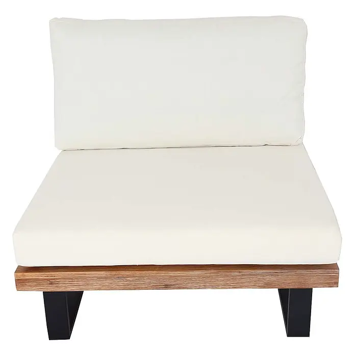 Mendler Garten-Loungesessel HWC-H54 - 1 Stk., Holz, Hellbraun, Polster cremeweiß, B x T x H: 82 x 82 x 75 cm - Armloser Loungesessel mit cremefarbenen Kissen, hellem Holzgestell und schwarzen Metallbeinen.
