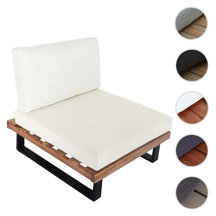 Mendler Garten-Loungesessel HWC-H54 - 1 Stk., Holz, Hellbraun, Polster cremeweiß, B x T x H: 82 x 82 x 75 cm - Gartenliege mit cremefarbenen Kissen, Lattenrost aus Holz und schwarzem Metallrahmen.