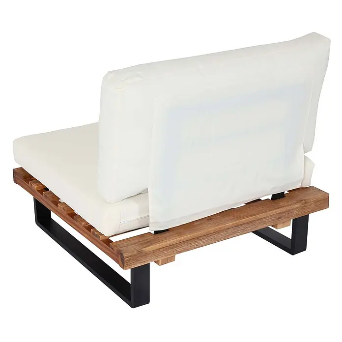 Mendler Garten-Loungesessel HWC-H54 - 1 Stk., Holz, Hellbraun, Polster cremeweiß, B x T x H: 82 x 82 x 75 cm - Modulares Outdoor-Lounge-Element mit Holzlattenrost, schwarzen Metallbeinen und cremefarbenen Kissen.