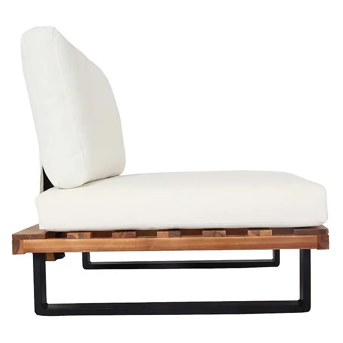Mendler Garten-Loungesessel HWC-H54 - 1 Stk., Holz, Hellbraun, Polster cremeweiß, B x T x H: 82 x 82 x 75 cm - Moderner Sessel ohne Armlehnen mit weißen Polstern, Holzlattenrost und schwarzem Metallrahmen.