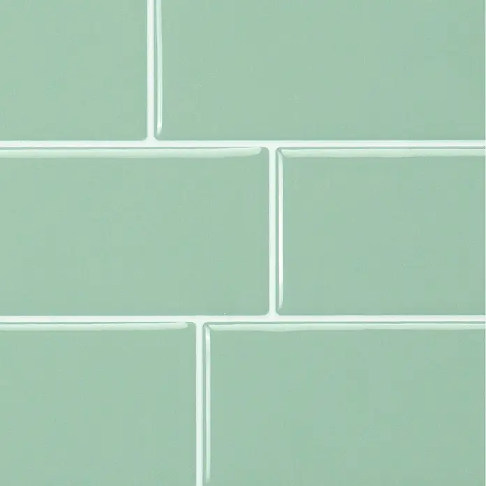Smart Tiles Selbstklebemosaik Metro - 29,34 x 21,28 cm, Lucas, Glänzend - Glänzende mintgrüne Keramik-U-Bahn-Fliesen mit weißer Fuge im versetzten Muster.