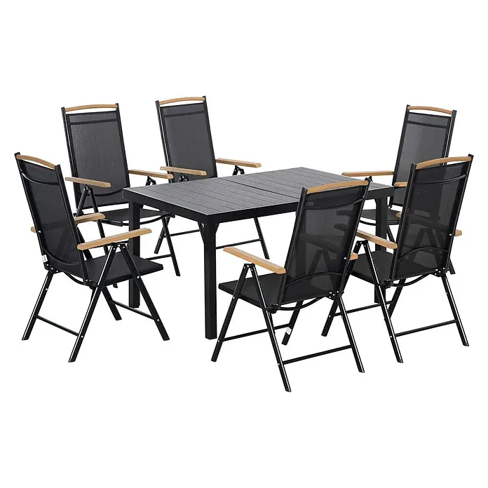 SONNENH Gartenmöbel-Set - 7 -tlg., Aluminium, Klappbar, Schwarz - Gartenmöbel-Set aus schwarzem Metall: ein Latten-Tisch und sechs Netz-Stühle mit Holzarmlehnen.