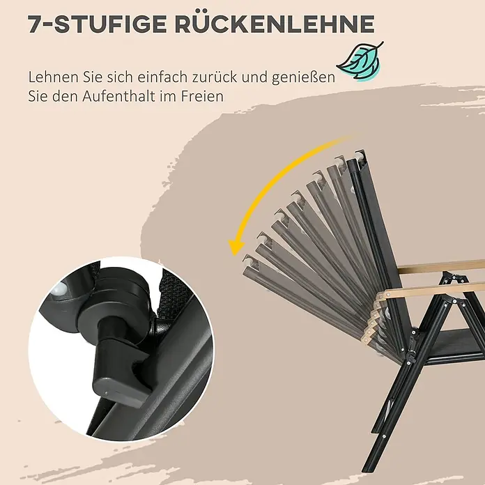 SONNENH Gartenmöbel-Set - 7 -tlg., Aluminium, Klappbar, Schwarz - Outdoor-Sessel mit 7-stufig verstellbarer Rückenlehne, die den Neigungsmechanismus und die Arretierung zeigt.