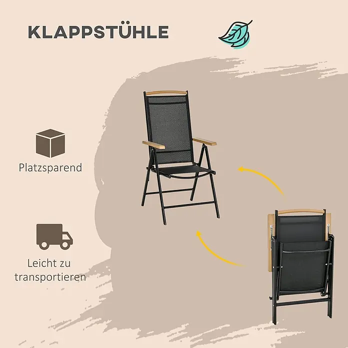 SONNENH Gartenmöbel-Set - 7 -tlg., Aluminium, Klappbar, Schwarz - Schwarzer Klappstuhl mit Holzarmlehnen, offen und kompakt zusammengefaltet zum einfachen Transport.