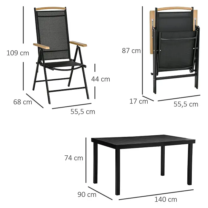 SONNENH Gartenmöbel-Set - 7 -tlg., Aluminium, Klappbar, Schwarz - Schwarzer Klappgartenstuhl mit Holzarmlehnen und passendem Lamellentisch, mit Maßen dargestellt.