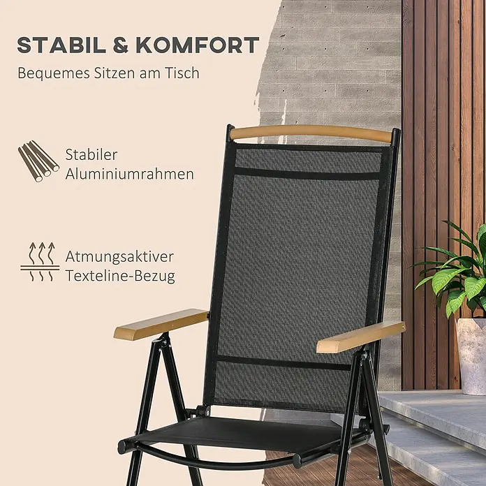 SONNENH Gartenmöbel-Set - 7 -tlg., Aluminium, Klappbar, Schwarz - Schwarzer Outdoor-Klappstuhl mit Holzarmlehnen und Texteline-Bezug, Aluminiumrahmen für bequemes Sitzen am Tisch.